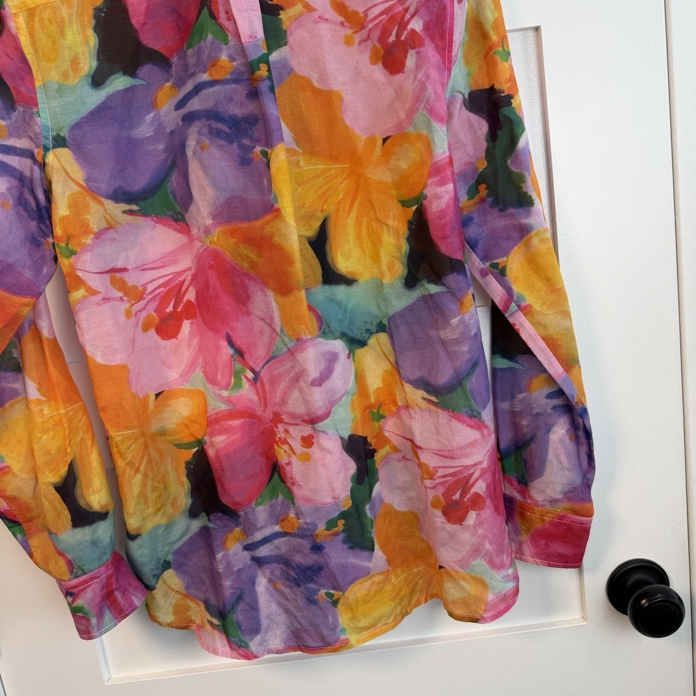LRL Ralph Lauren Womens S Button Up Floral Silk Cotton Blouse Shirt Watercolors - Picture 14 of 15